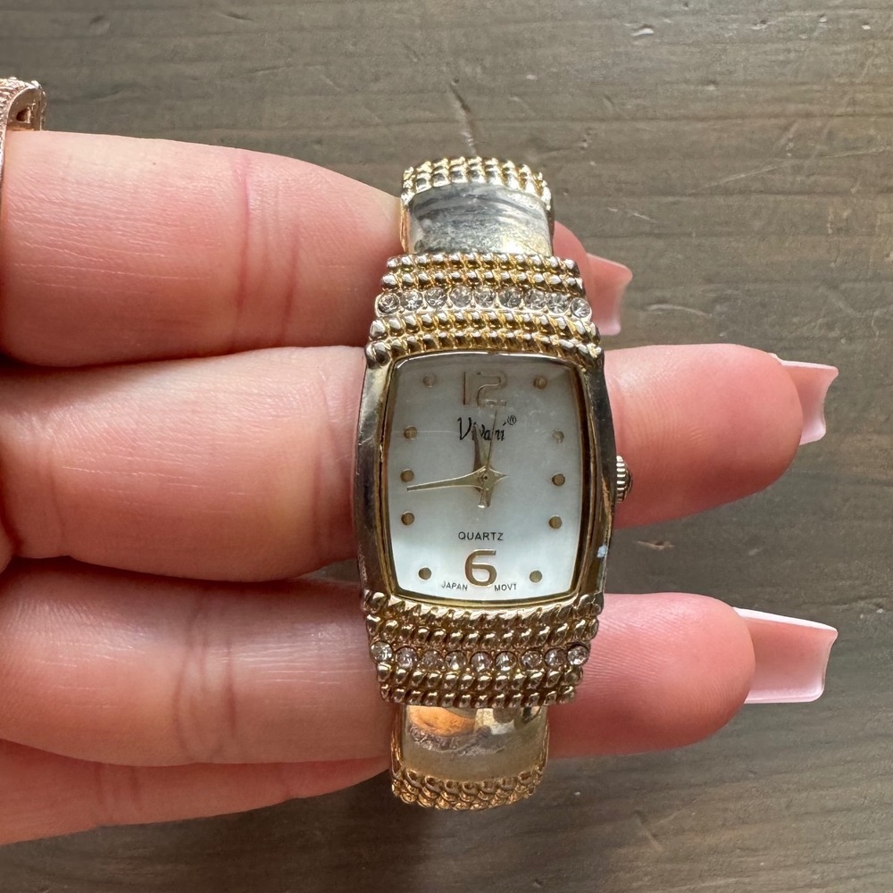Vivani Women Gold Tone Mother of Pearl Crystal Cuff Watch K2334G